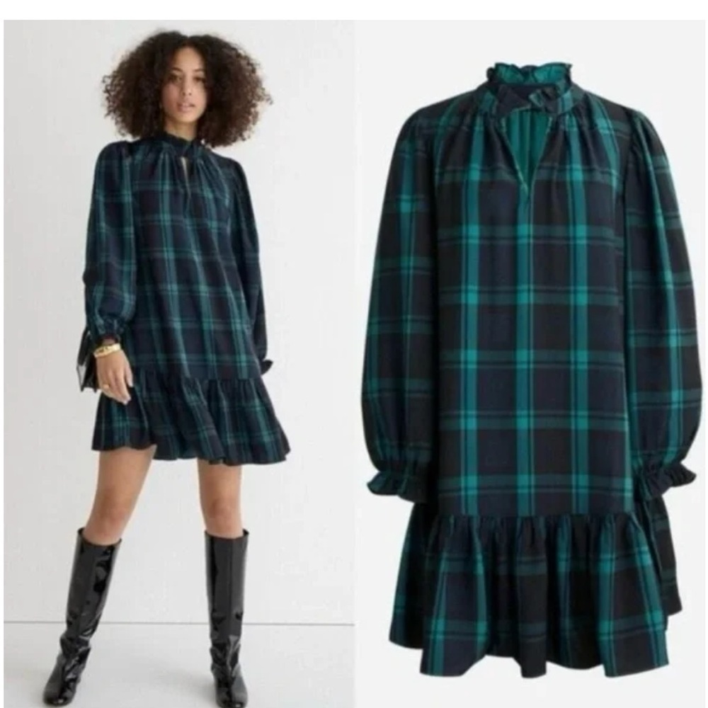 NWT J. Crew Ruffle Puff Sleeve Black Watch Tartan Plaid Dress - Picture 3 of 14